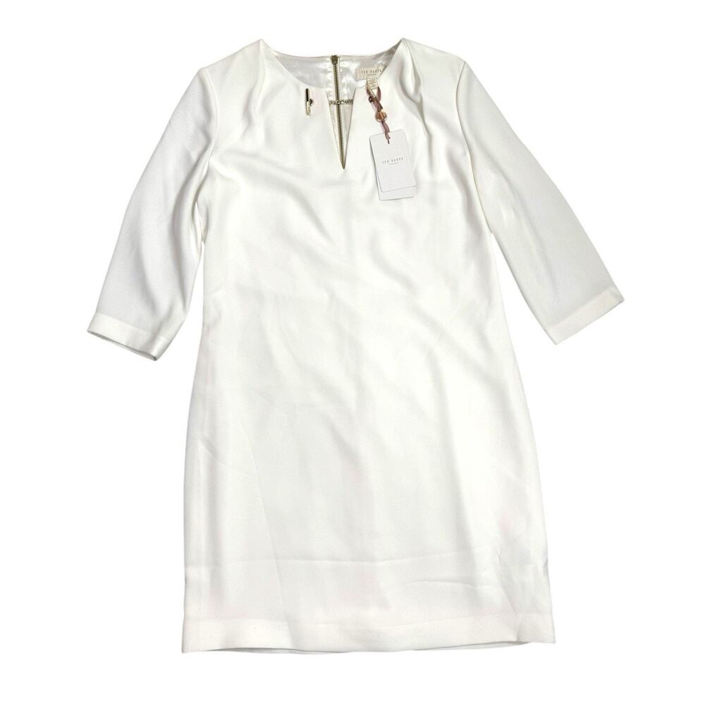 Ted Baker Joyita Tunic Dress Womens 8 White Gold Chain Toggle 3/4 Sleeve NWT